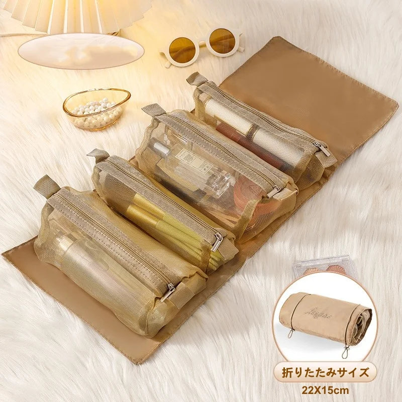 Large capacity makeup storage bag with 4 detachable compartments and foldable hanging makeup bag with hanging ring Peaceful Pleasures Health and Wellness Brown