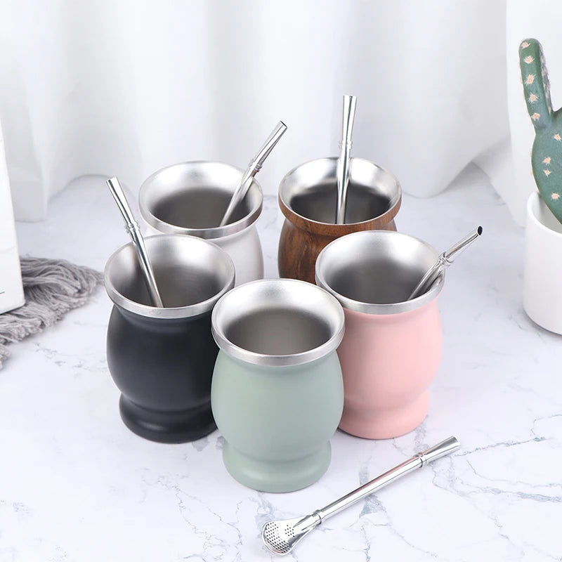 Stainless Steel Yerba Mate Gourd 8oz Cup with Bombilla Straws