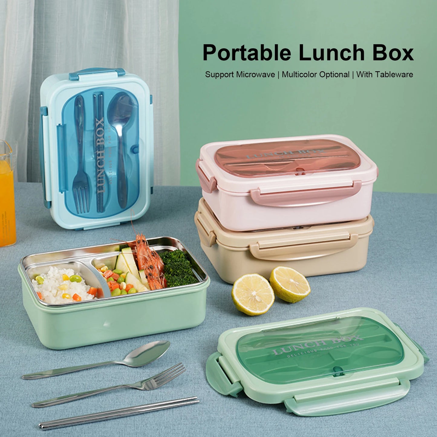 304 Stainless Steel Leakproof Lunch Box with Dividers & Cutlery