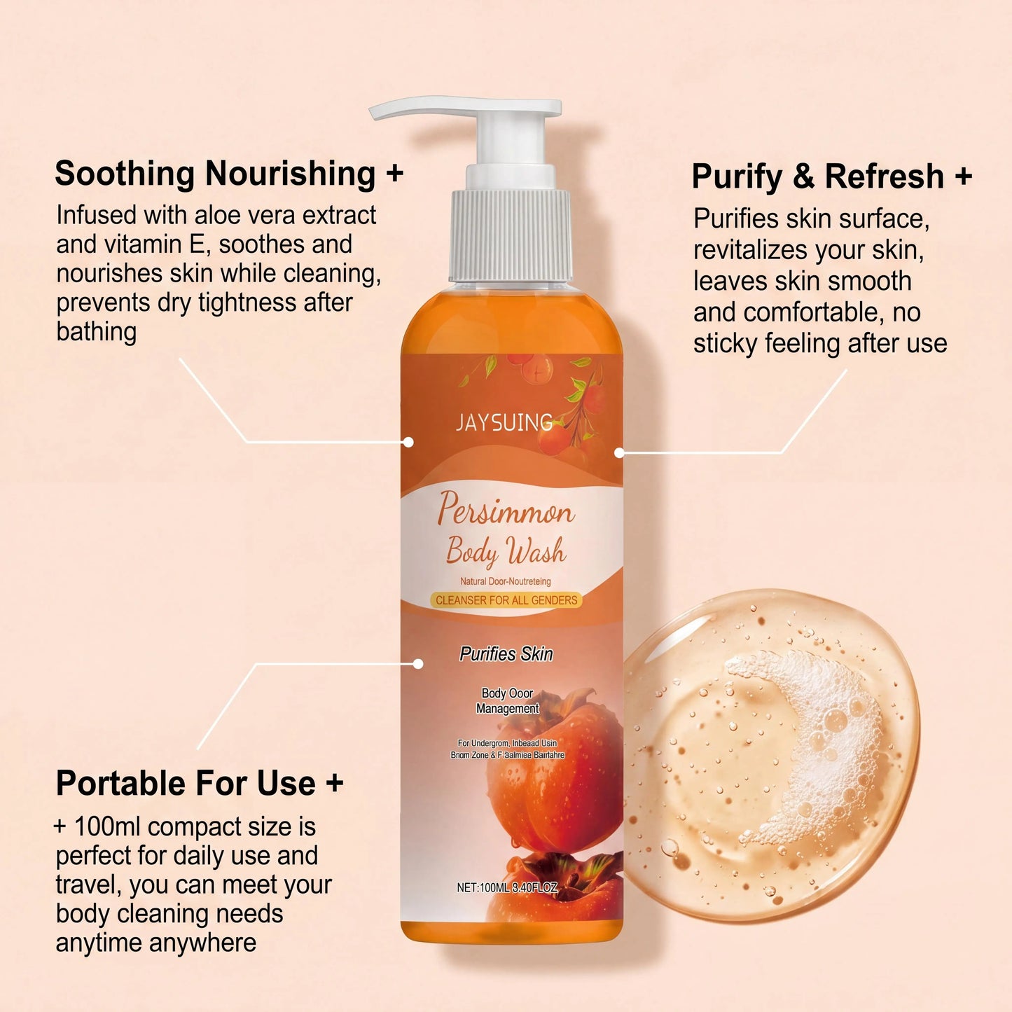 Persimmon Shower Gel Gentle Cleansing Deodorizing Exfoliating Maintain Skin Comfort Long Lasting Oil Control Fragrant Body Wash Peaceful Pleasures Health and Wellness