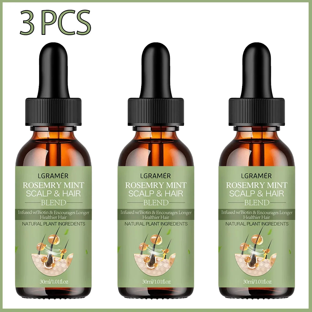 Hair Growth Oil Organic Peppermint Rosemary Scalp Strengthening Oil Nourishing Care Anti-split Ends and Hair Loss Hair Oil Set Peaceful Pleasures Health and Wellness 30ml-3pcs
