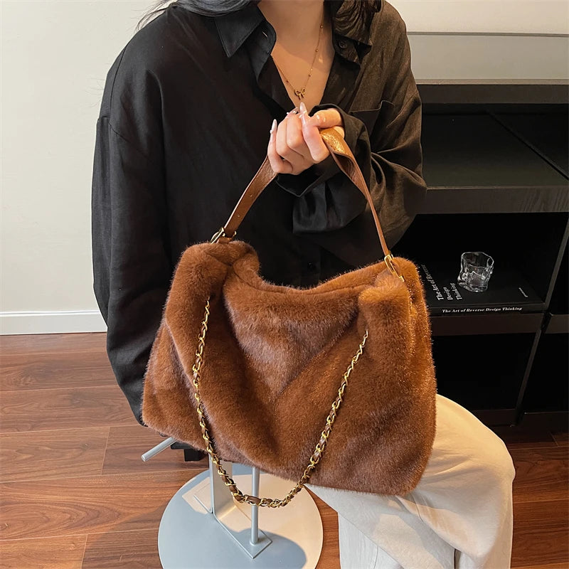 Practical Retro Plush Bag for Women Large Capacity Tote Shoulder Handbag Autumn Winter Fashionable Versatile for Daily Commuting Peaceful Pleasures Health and Wellness