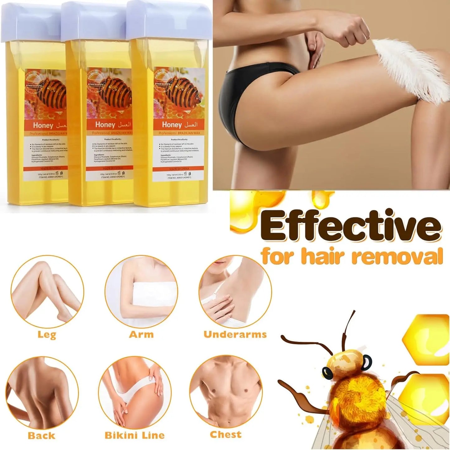 Roll On Refill Hair Removal Wax Painless Depilatory Wax Roller Honey Wax Body Hair Removal For Any Roll On Wax Warmer Cartridge Peaceful Pleasures Health and Wellness