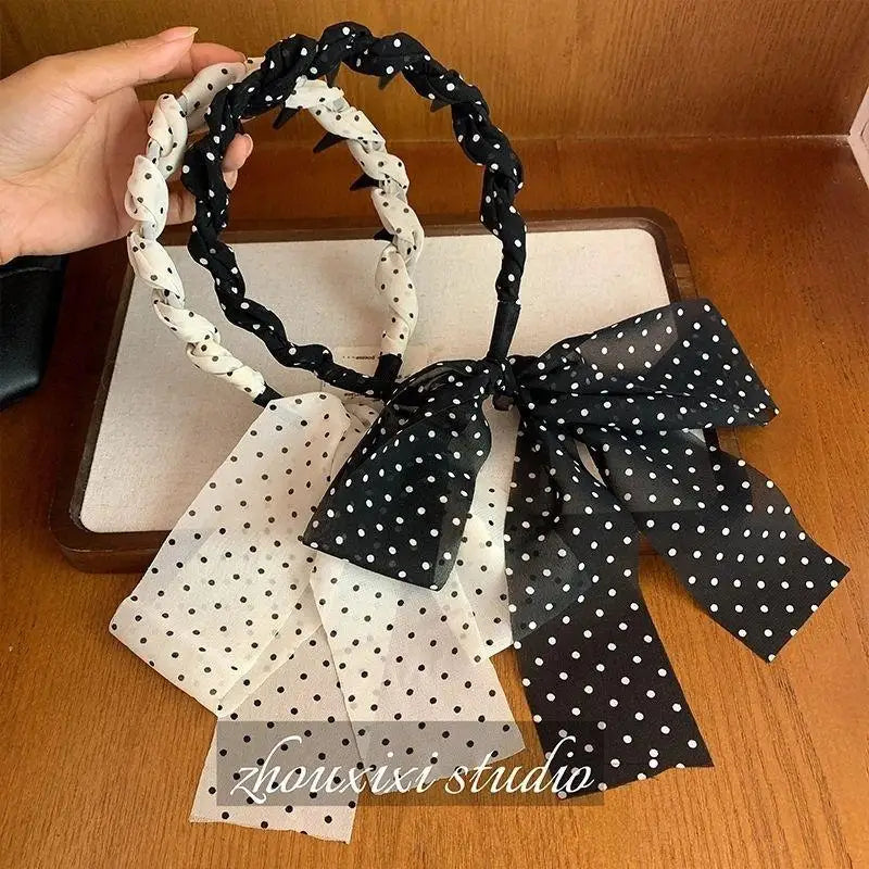 Polka Dot Bow Braided Headband – Non-Slip Chiffon for Women