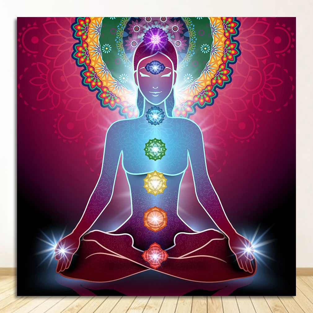 Buddha Statue Meditation 7 Chakra Mandala Psychedelic Yoga Boho Wall Art Paintings Décor Canvas Posters Prints Indian Peaceful Pleasures Health and Wellness 1629-03 20x30cm Unframed