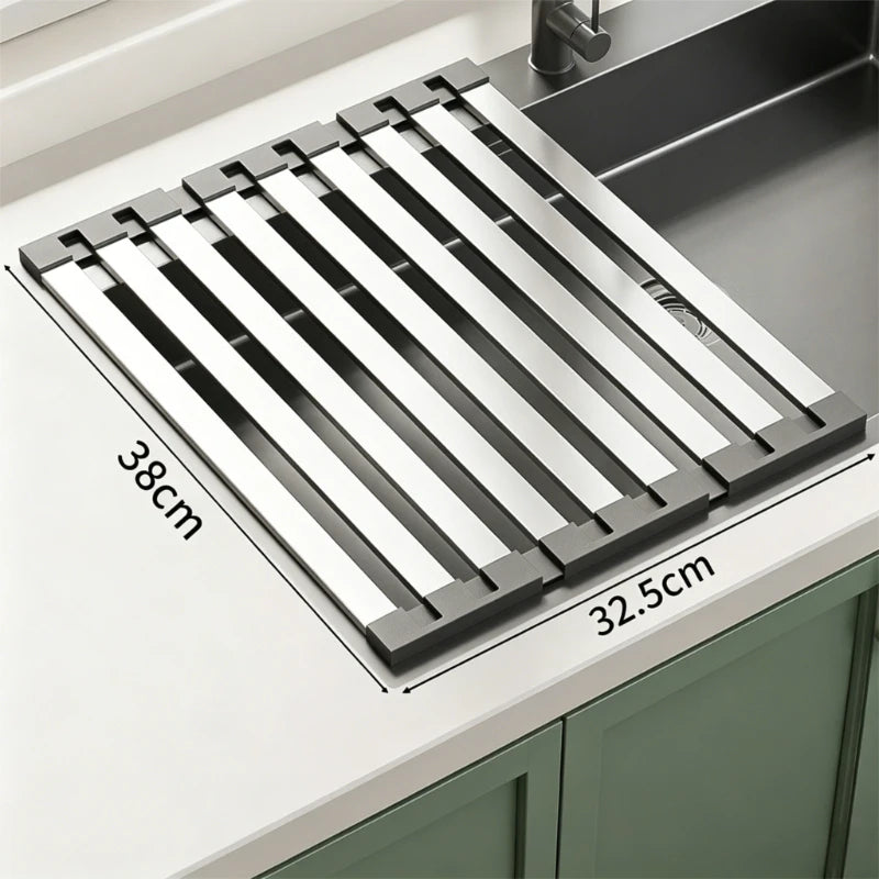 304 Stainless Steel Kitchen Sink Drain Rack Foldable Dish Drainer Rack Rack Sink Bowl and Dish Storage Rack Drying Storage Shelf Peaceful Pleasures Health and Wellness 38cmx32.5cm