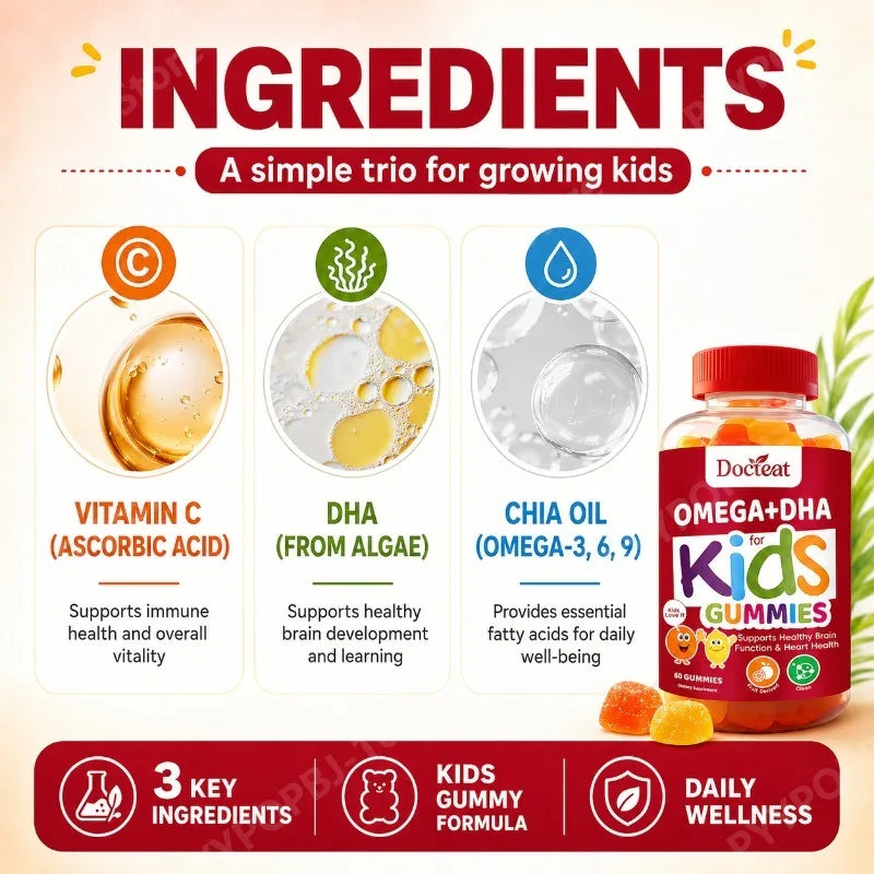 Omega+DHA Kids Gummies | Algae DHA, Chia Oil & Vitamin C | 60ct