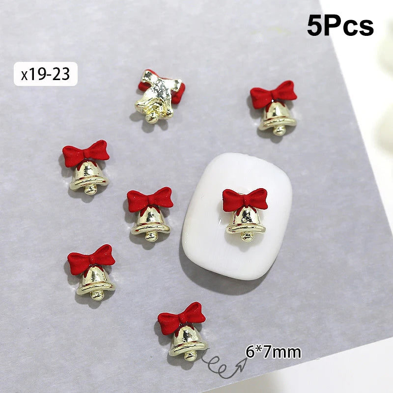 5Pcs Christmas Alloy Nail Accessories Mini Colored Bow Bell Rhinestones Jewelry Nail Art Charms Decorations 3D Flat Back Parts Peaceful Pleasures Health and Wellness x19 23