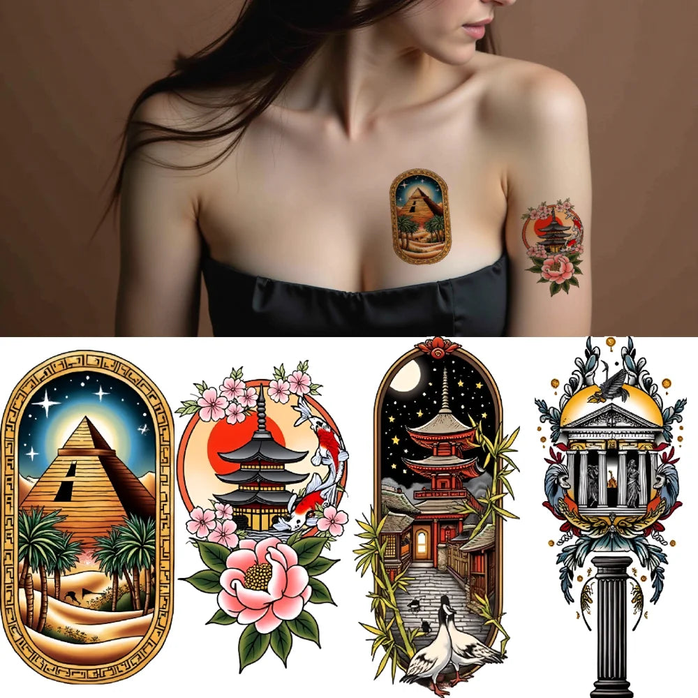 9-Pack Temporary Tattoo Stickers – Lighthouse, Flowers & Church