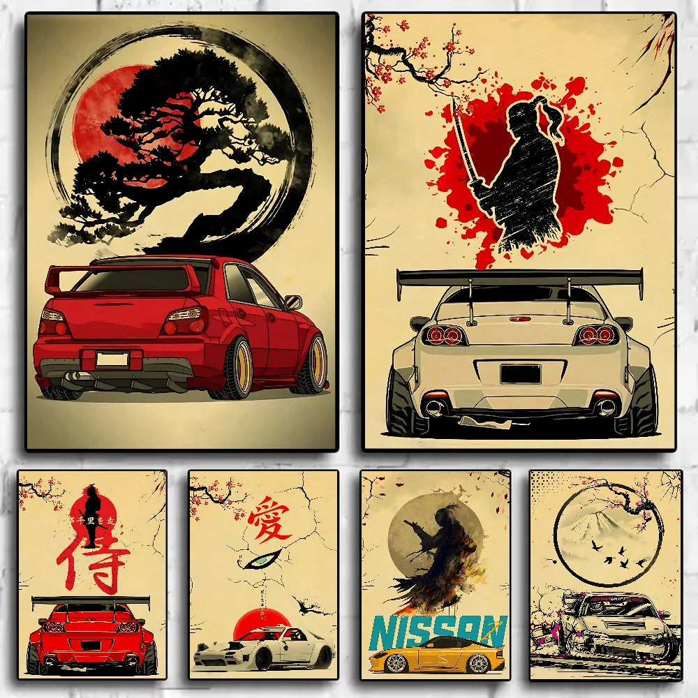 Japanese Cars Samurai Poster | HD Waterproof PVC Wall Art Wall Art Poster Peaceful Pleasures Health and Wellness