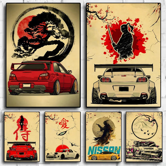 Japanese Cars Samurai Poster | HD Waterproof PVC Wall Art Wall Art Poster Peaceful Pleasures Health and Wellness