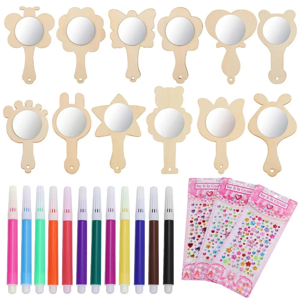 DIY Wooden Princess Mirror Craft Kit with Paintbrushes