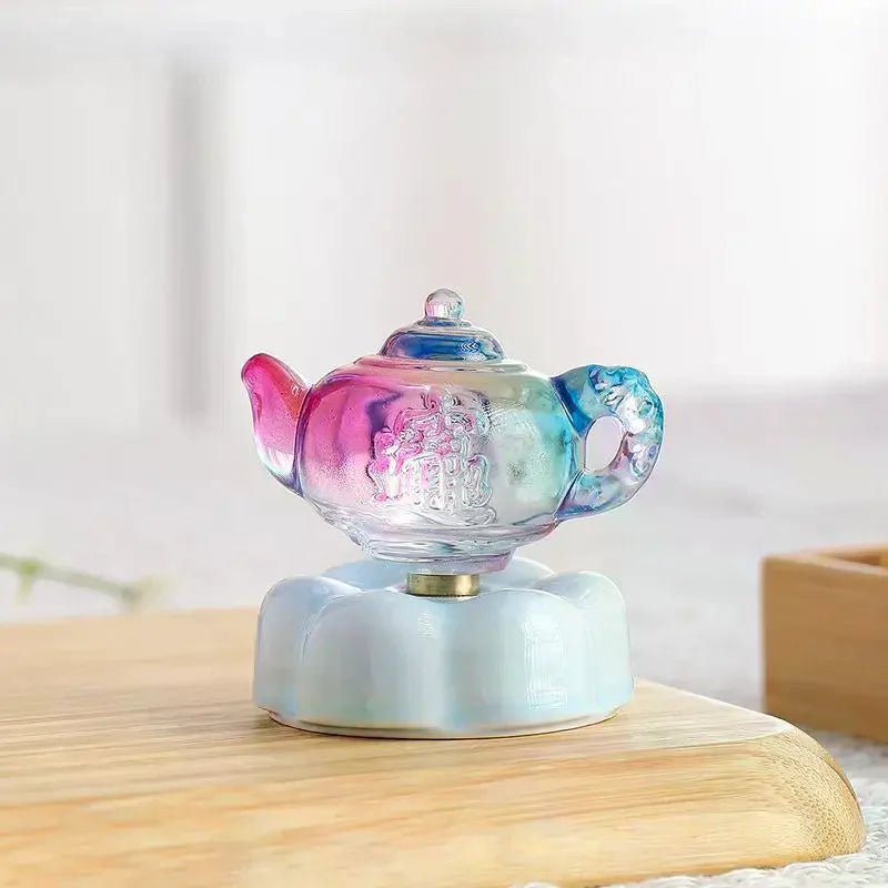 Glazed Teapot Ornament | Whimsical Tabletop Decor Spinning Base