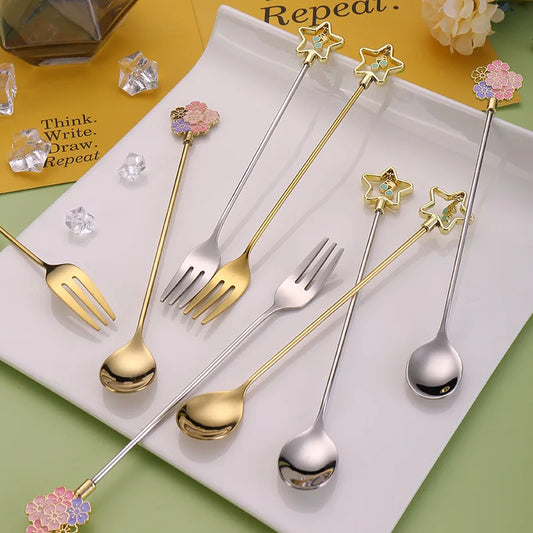 Cherry Blossom Spoon Fork Stainless Steel Coffee Kitchen Star Long Peaceful Pleasures Health and Wellness