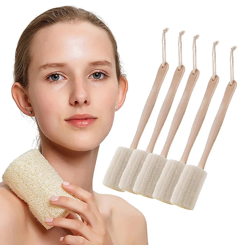 Natural Loofah Bath Brush – Long Wooden Handle Body Scrubber