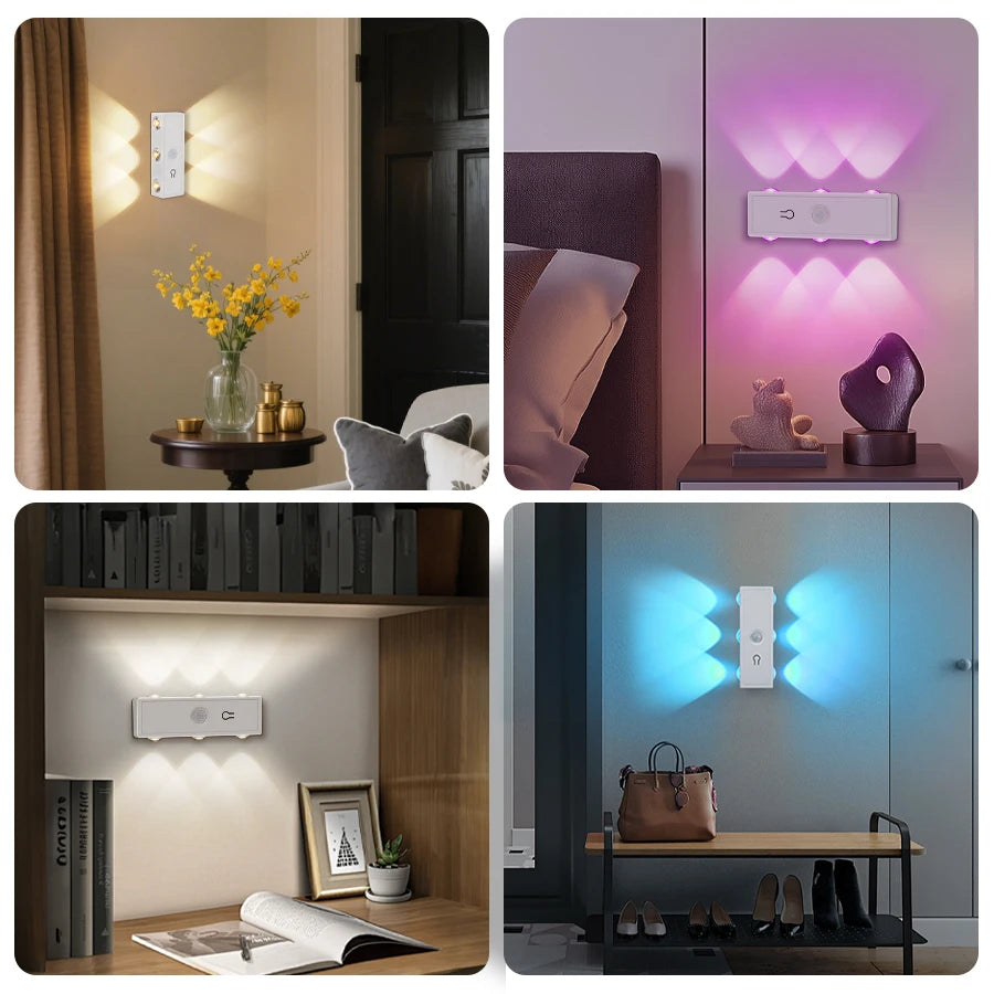 6Leds Double-head Motion Sensor Light 3Colors/RGB Night Light USB Rechargeable Magnetic Wall Lamp Touch Dimming Bedside Lighting Peaceful Pleasures Health and Wellness