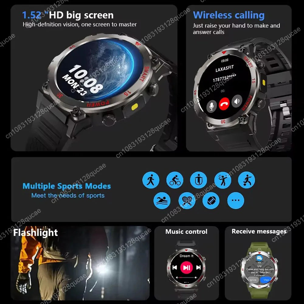 Smartwatch Military Men 360*360 HD Screen Flashlight Health Monitoring Waterproof Heart Rate BT Call Smart Watch For Android IOS Peaceful Pleasures Health and Wellness