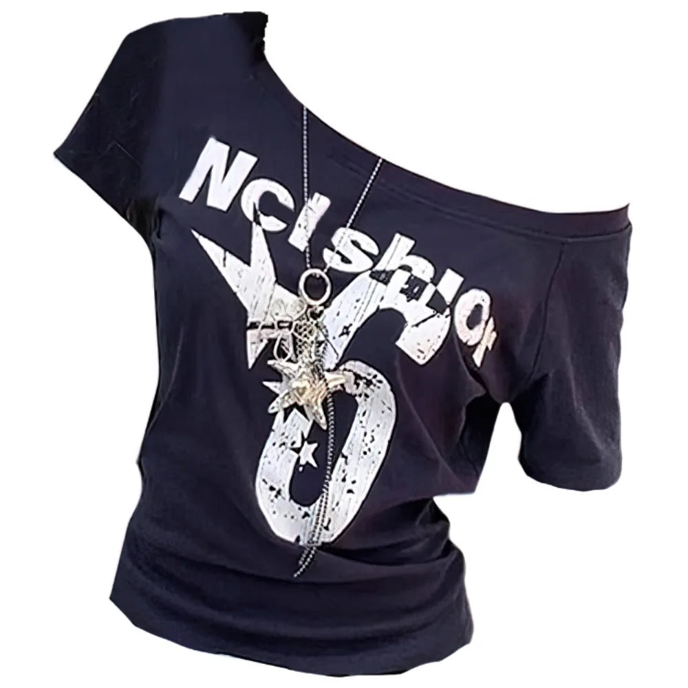 Y2K Off Shoulder Crop Top – Letter Print Skew Collar Women's Tee