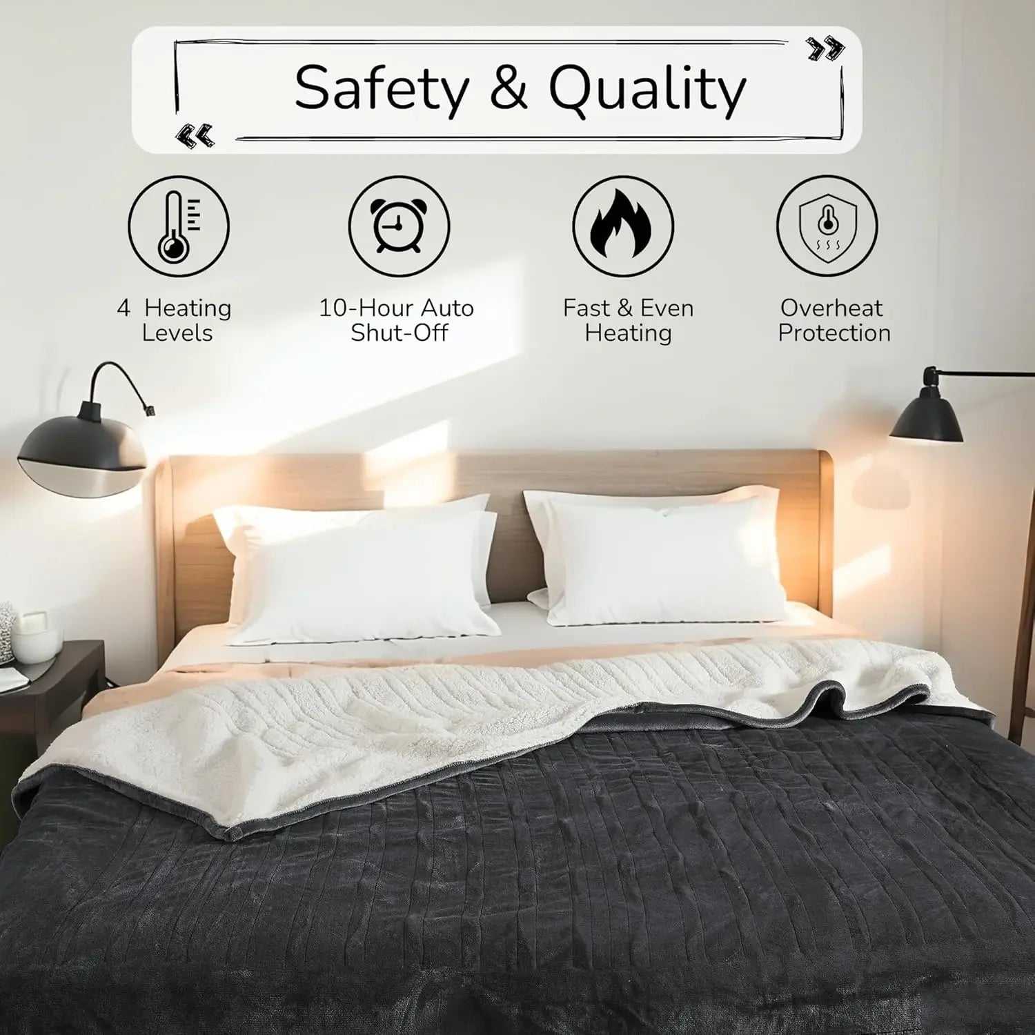 Queen Size Electric Heated Blanket with Dual-Sided Fabric, 4 Heat Settings, Auto Off, Machine Washable in Gray Peaceful Pleasures Health and Wellness