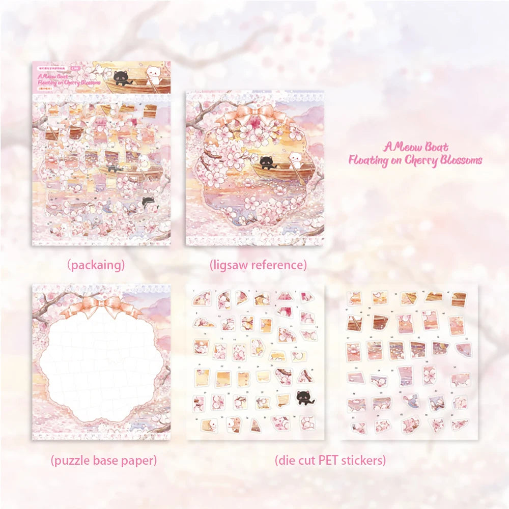 Cute Cat Cherry Blossom Rain Series Puzzle Stickers Four Theme