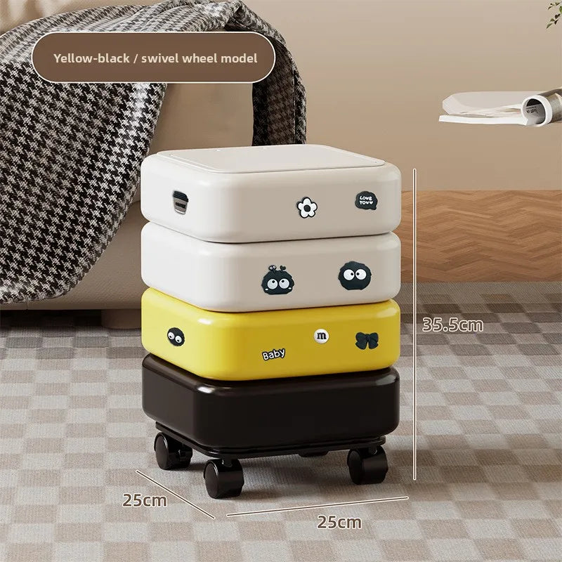 Cartoon Trash Bin with Lid Large Capacity Multi-Functional Mobile Wastebasket Modern Household Storage Organizer Wheels Peaceful Pleasures Health and Wellness Yellow Wheel Sticker