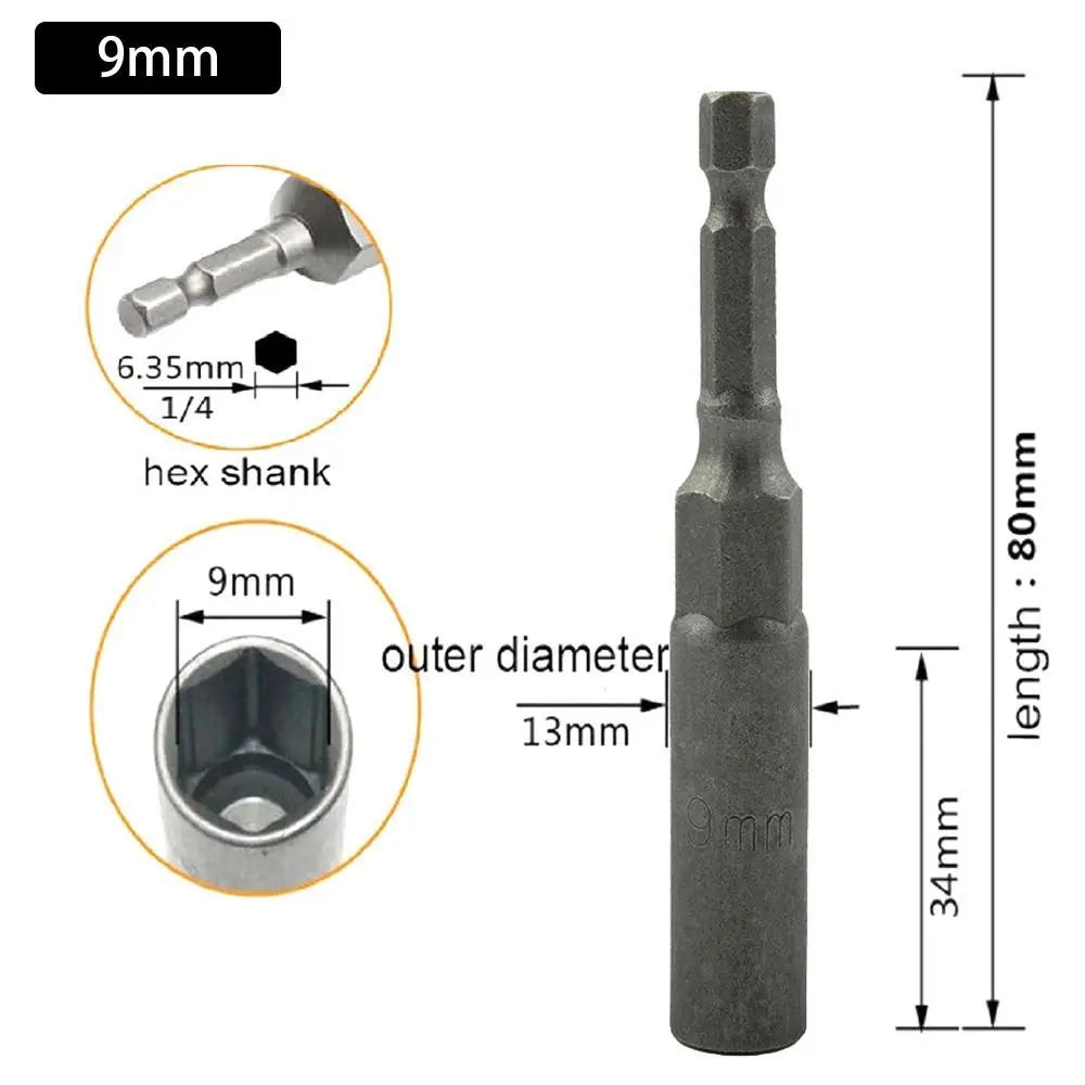Magnetic Hex Nut Driver Bit Adapter 1/4" Shank 5.5–19mm 80mm