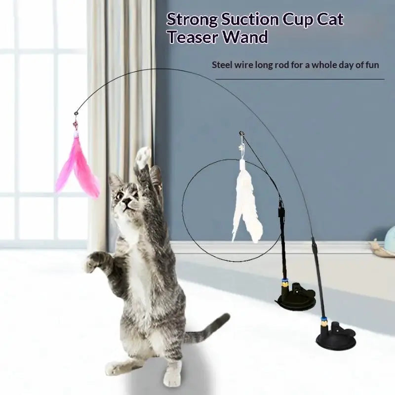 Hands-Free Suction Cup Cat Feather Wand Interactive Toy