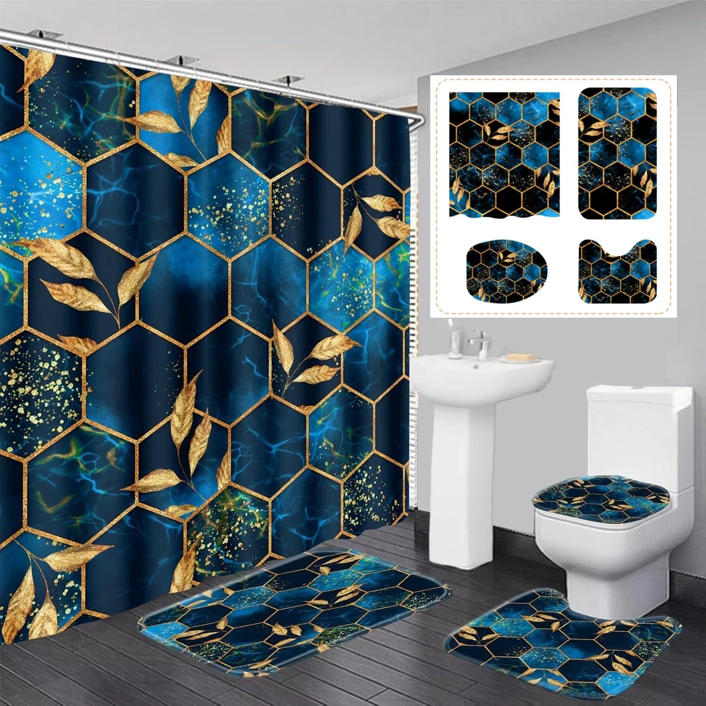 4pcs Set Doormat Shower Curtain with Non-Slip Rugs Toilet Seat Cover Bath Carpet Durable Waterproof Bathroom Home Entrance Decor Peaceful Pleasures Health and Wellness L