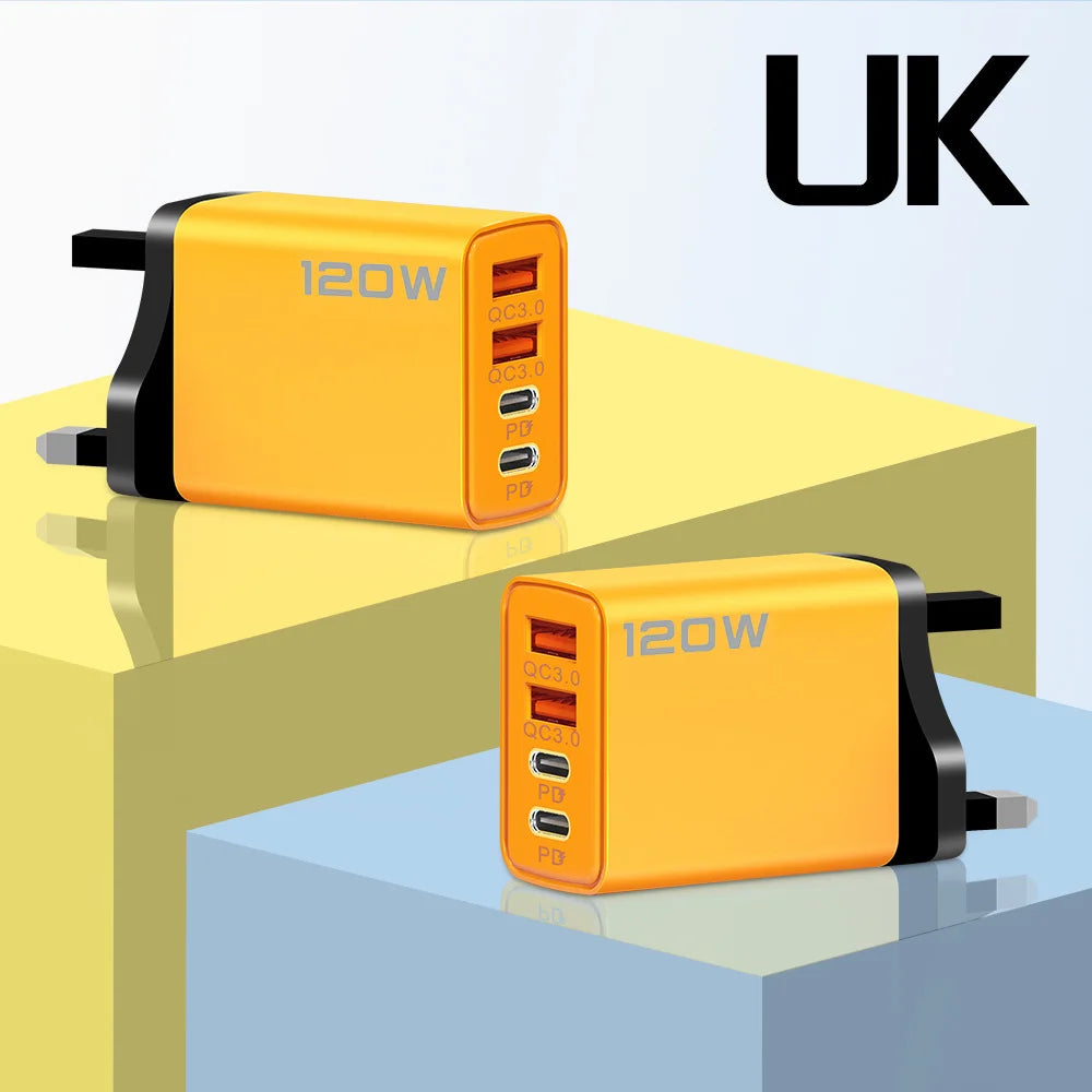 4-Port 120W USB-C PD & QC3.0 Fast Wall Charger Travel Adapter
