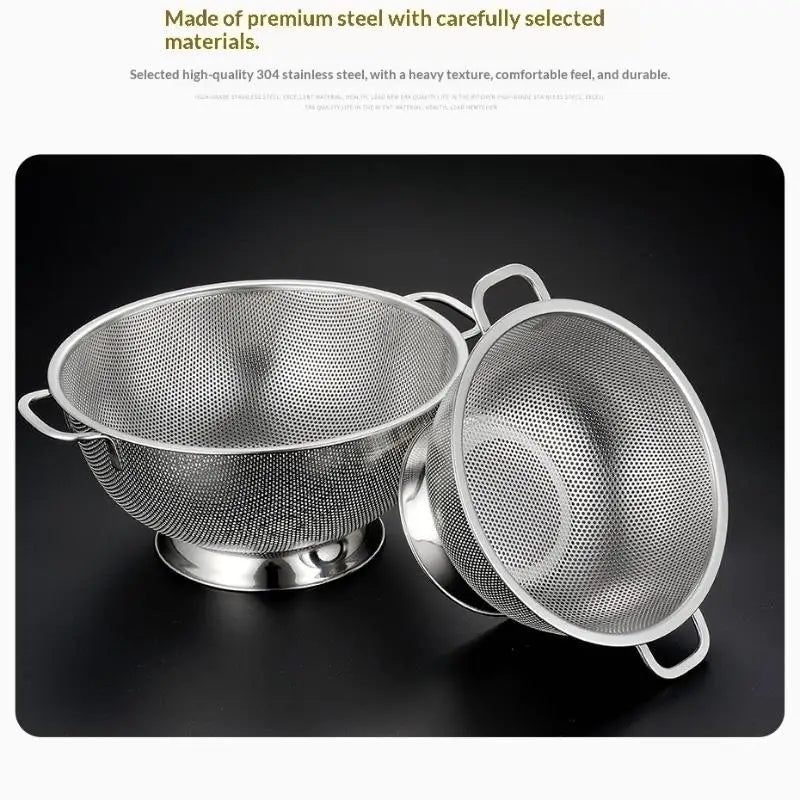 New Stainless Steel Colander With Double Handle Food Pasta Strainer Basket With Self-draining Solid Ring Base Fine Mesh Filter Peaceful Pleasures Health and Wellness