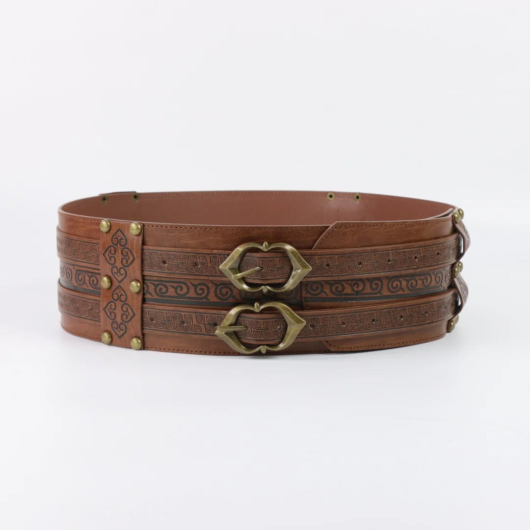 Viking Embossed Wide Waist Sash Medieval Double Buckle Leather