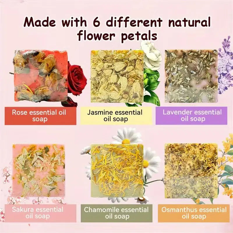 6-Piece Rose Jasmine Lavender Essential Oil Soap Gift Box