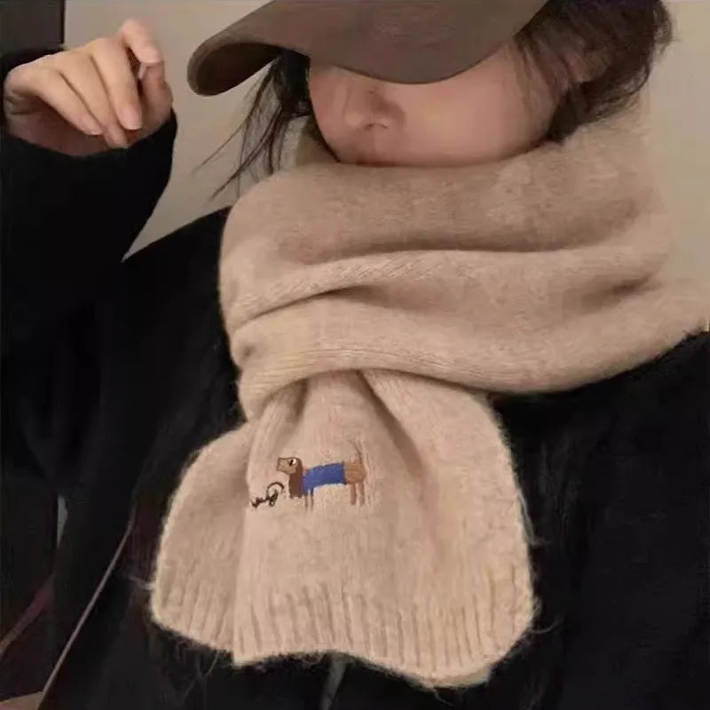 Original Korean Style Embroidered Puppy Solid Color Knitted Scarf Women Autumn Winter Student Neck Warmer Cozy Knit Neck Gaiter Peaceful Pleasures Health and Wellness Khaki