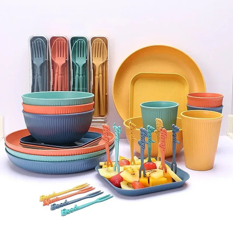 48-Piece Wheat Straw Eco-Friendly Dinnerware Set for 4 – BPA-Free Plates, Bowls, Mugs & Cutlery for Home & Camping