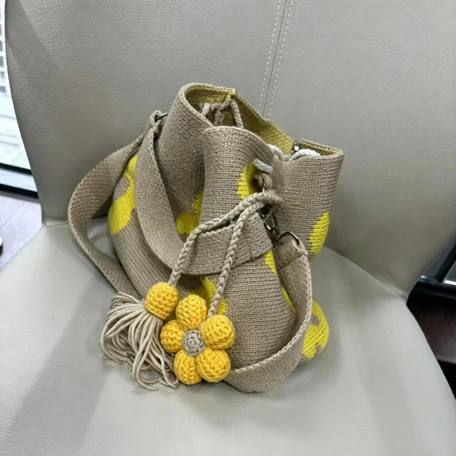 Boho Handmade Crochet Flower Tote Stylish Knit Floral Handbag Summer Beach Bag for Women & Girls, Seaside Shopping Picnics Peaceful Pleasures Health and Wellness