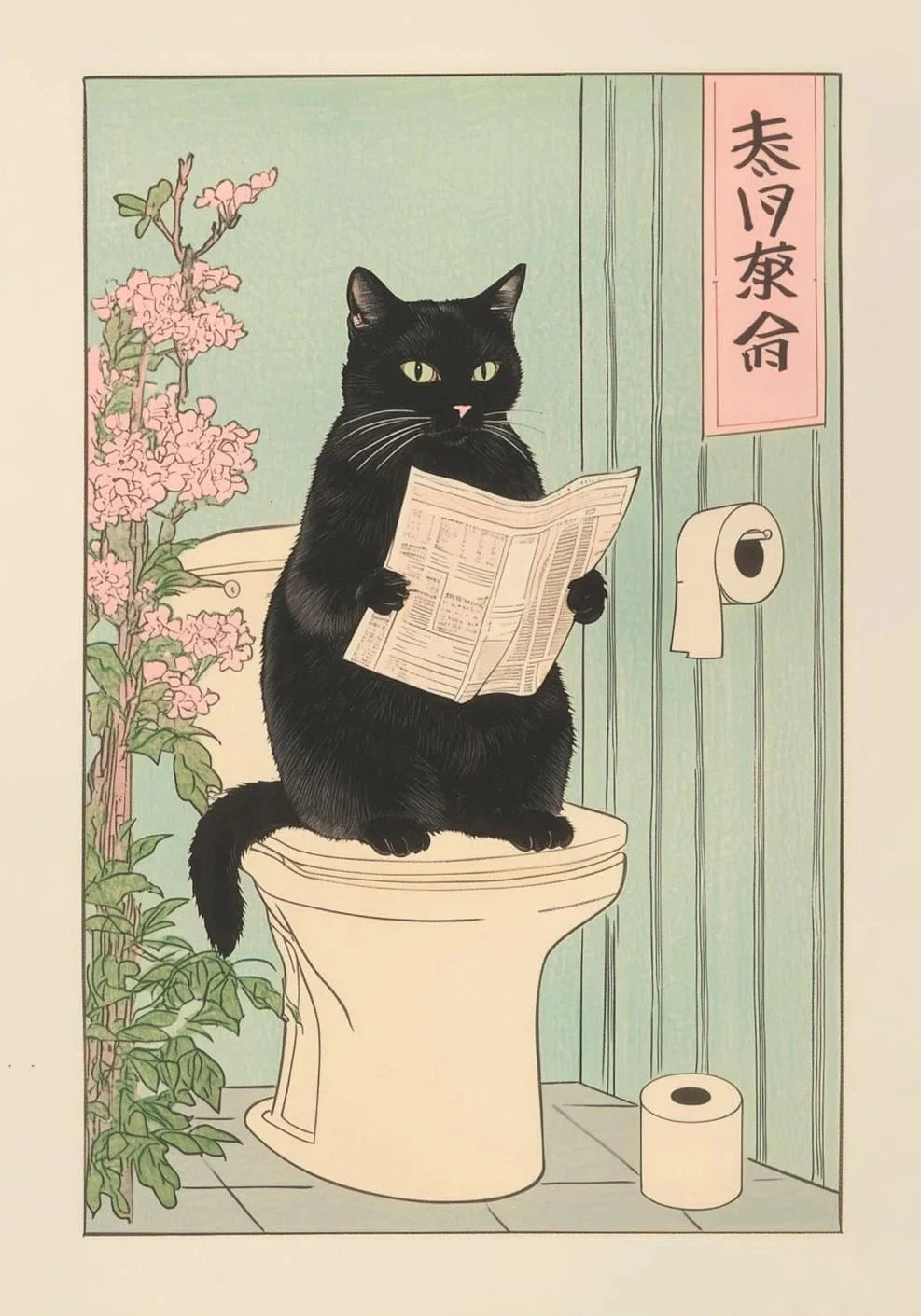 Japanese Tabby Cat in Bathtub Poster Prints Canvas Painting Retro Aesthetic Wall Art Picture Japandi Bathroom Toilet Home Decor Peaceful Pleasures Health and Wellness ZLH5528 100x150cm No Frame