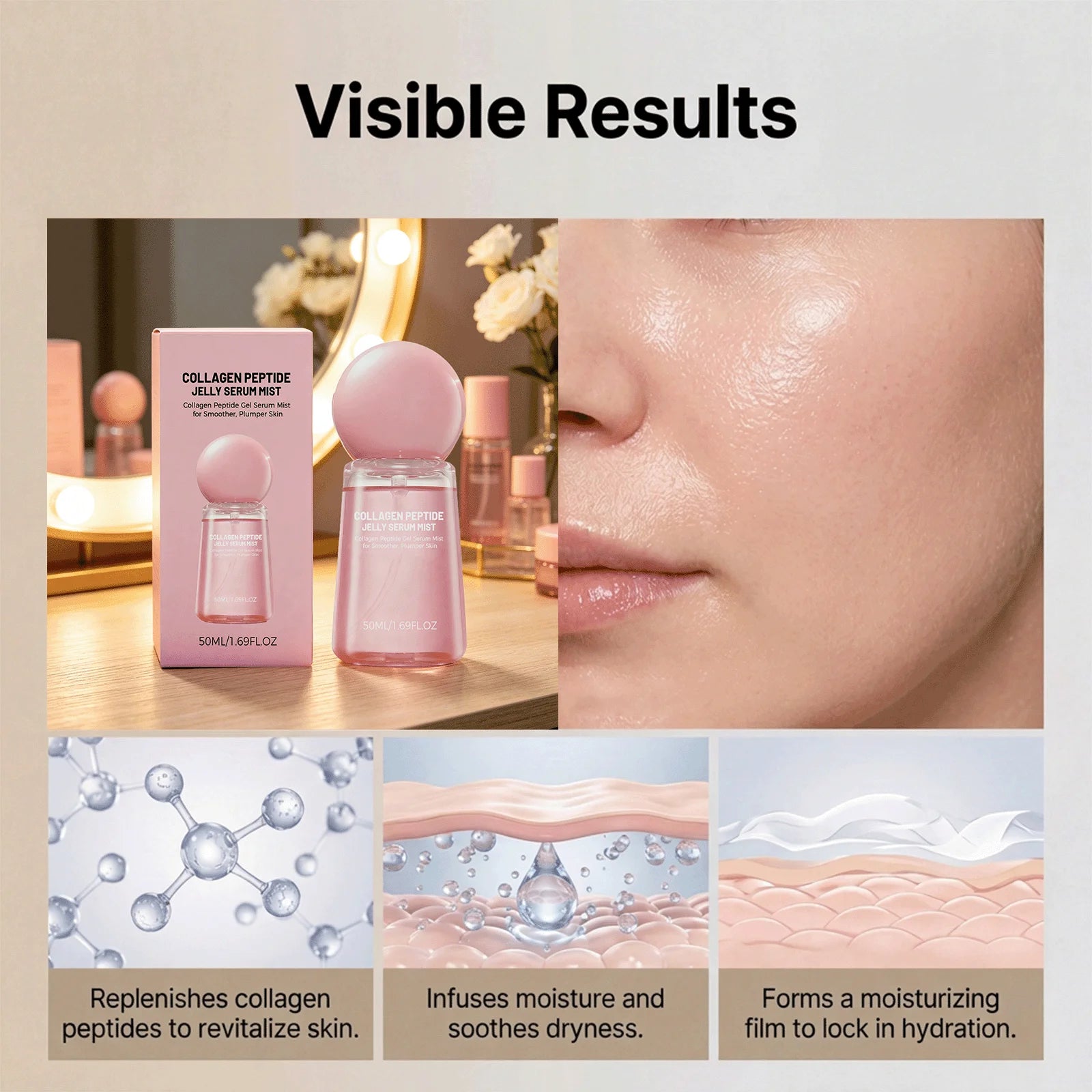 Collagen Peptides Jelly Serum Mist Brighten Skin Tone Smooth Dry Lines Hydrating Face Reduce Roughness Tighten Pores Face Spray Peaceful Pleasures Health and Wellness