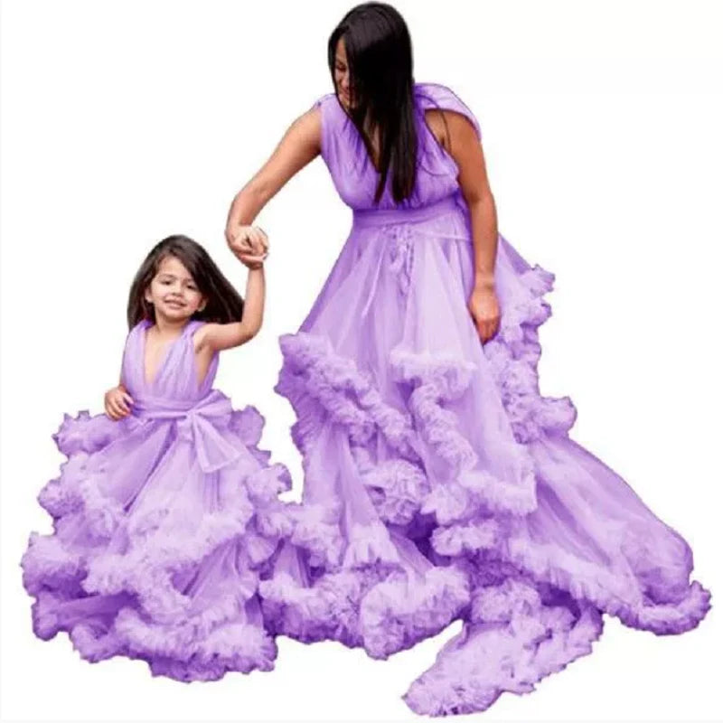 Puffy Pink Mother And Daughter Matching Dresses For Family Look V Neck Ruffles Layered Photo Shoot Mom And Me Evening Outfits Peaceful Pleasures Health and Wellness lavender Adult-US6