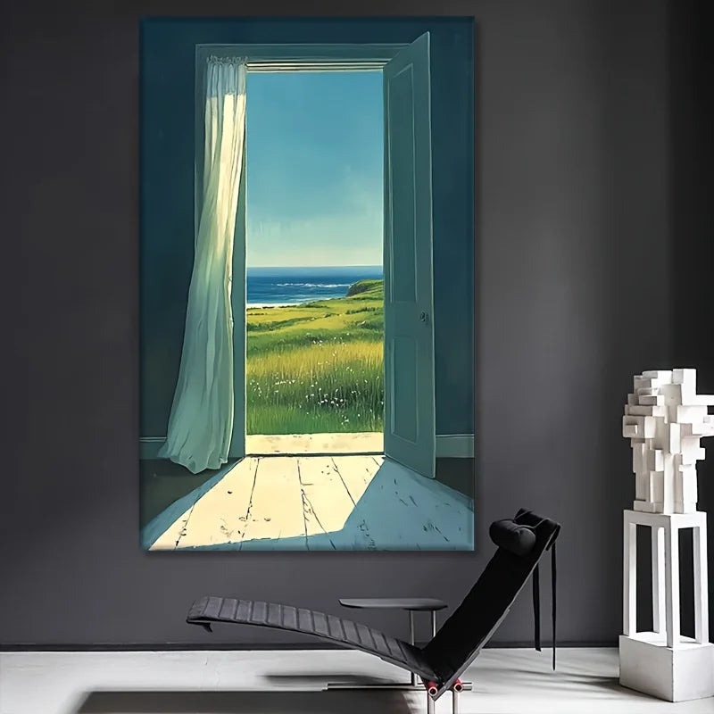 Frameless Seascape Canvas Wall Art | Green Grass Seaside Mural Canvas Wall Art Peaceful Pleasures Health and Wellness
