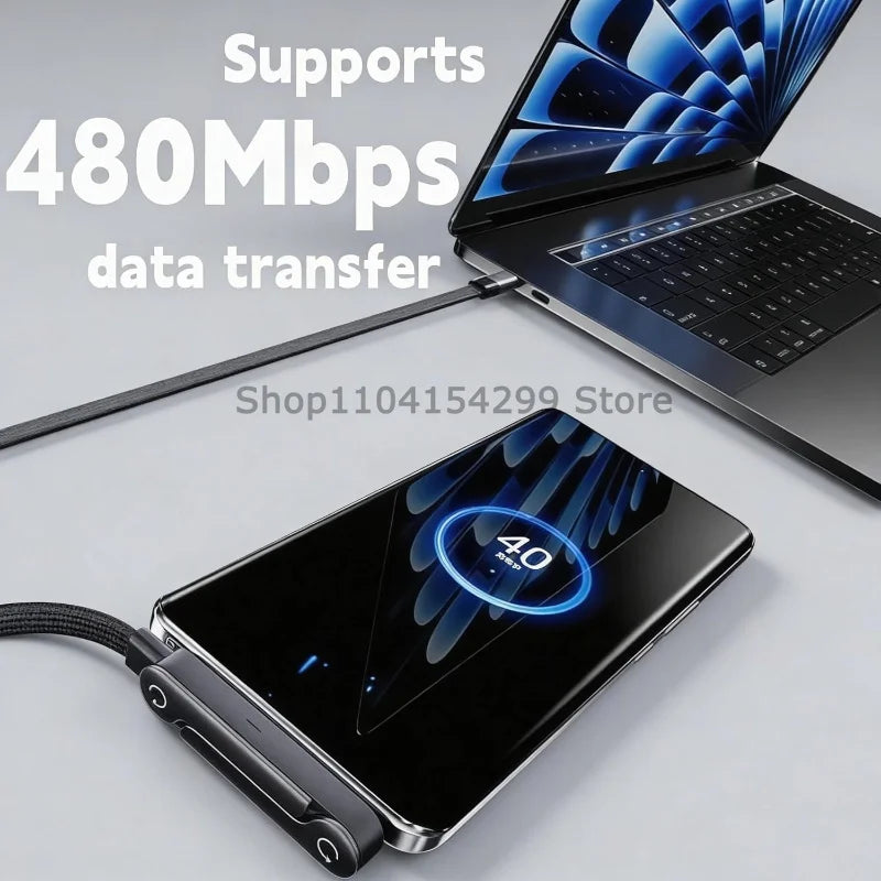 240W USB-C Flat Cable with Foldable Phone Stand & Desk Holder