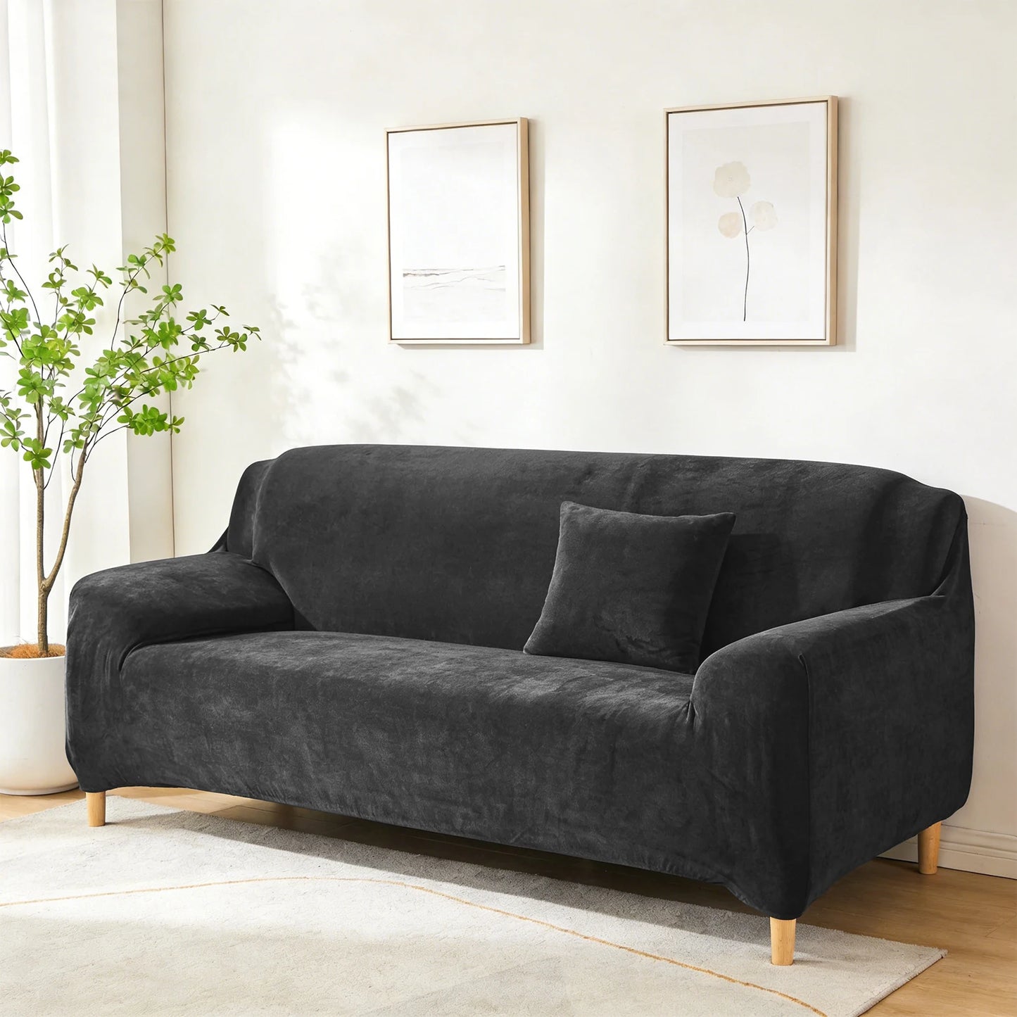 New Velvet Plush Stretch Sofa Slipcover Non Slip Soft Couch Loveseat Covers Furniture Protector with Elastic Bottom for Kids Pet Peaceful Pleasures Health and Wellness Black 2 Seat (145-175cm)