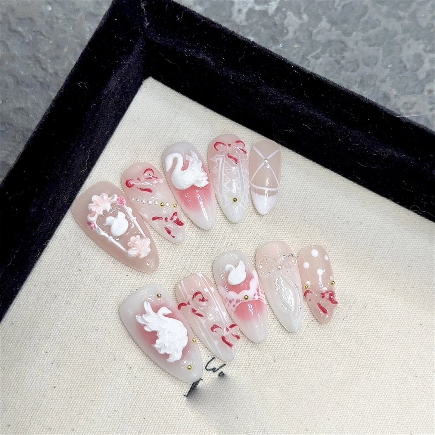 Light Pink Almond Press On Nails | 3D Swan French Tips