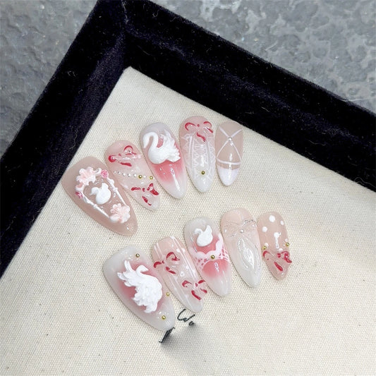 Light Pink Almond Press On Nails | 3D Swan French Tips Press On Nails Peaceful Pleasures Health and Wellness