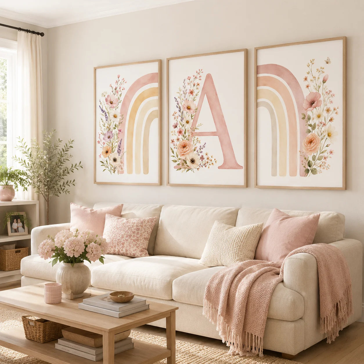 Custom Alphabet Wall Art Floral Rainbow Letter Canvas Painting Pink Poster Print Kids Room Wall Decor Peaceful Pleasures Health and Wellness