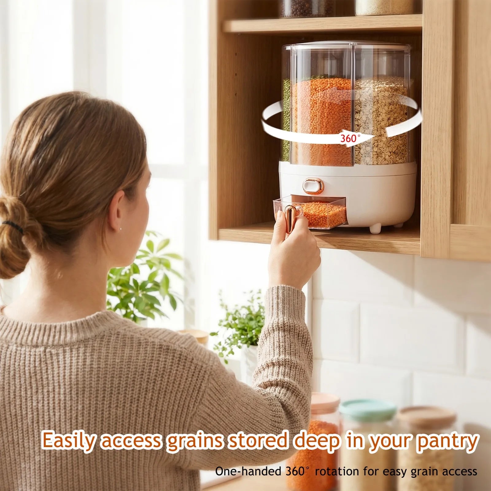 Rotating 6-Grid Rice Dispenser, Airtight Grain Storage Container Large Capacity Kitchen Food Canister for Cereal, Beans Peaceful Pleasures Health and Wellness