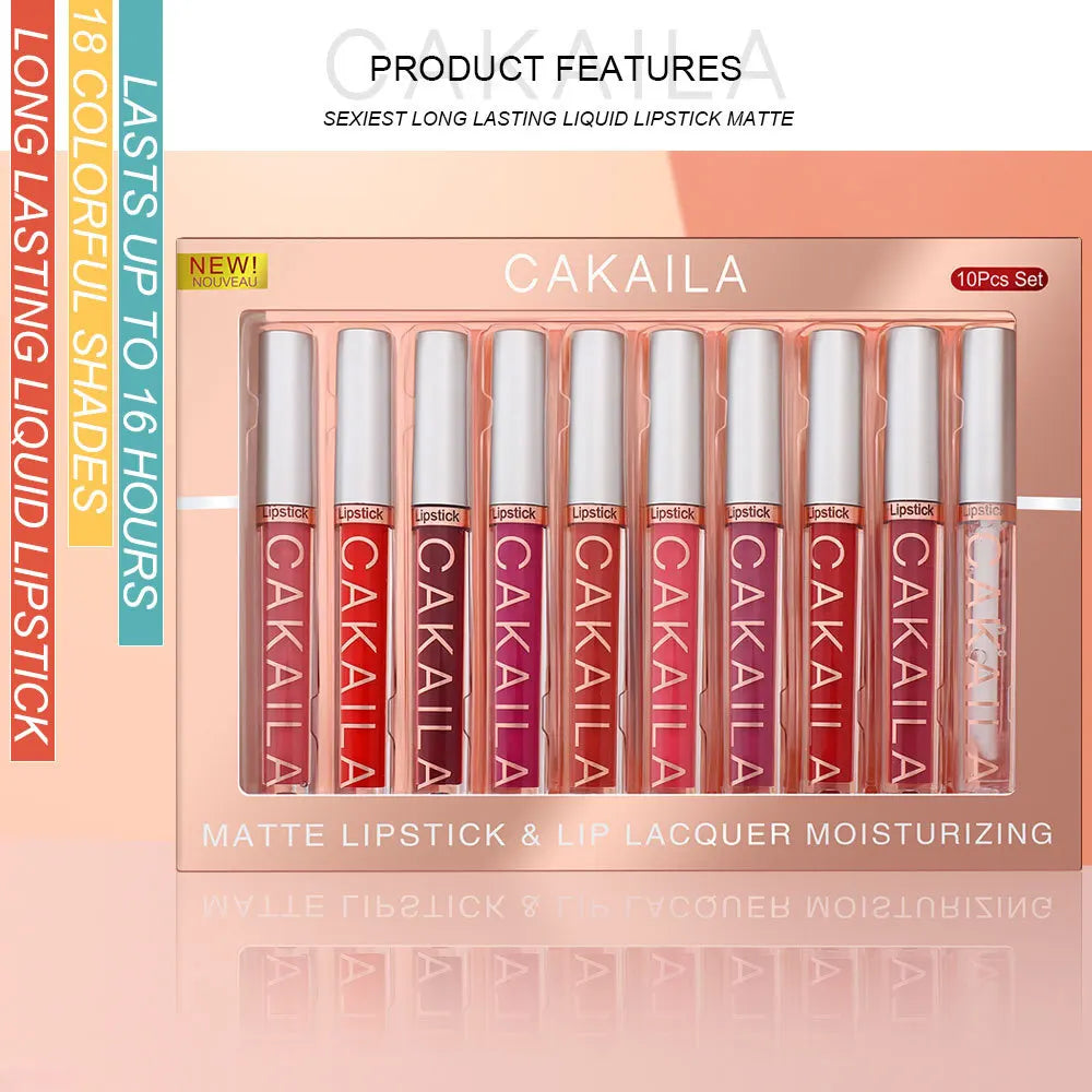 CAKAILA 10-Pc Matte Lip Gloss Set – Waterproof High Pigment