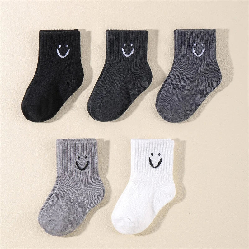 10 pairs of cute solid-color smiling face pattern children's mid-calf socks, suitable for boys and girls socks Peaceful Pleasures Health and Wellness