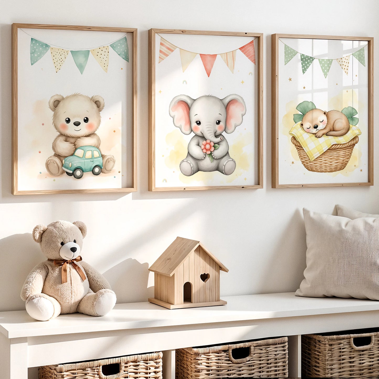 Watercolor Elephant Bear Canvas Wall Art | Kids Room Decor