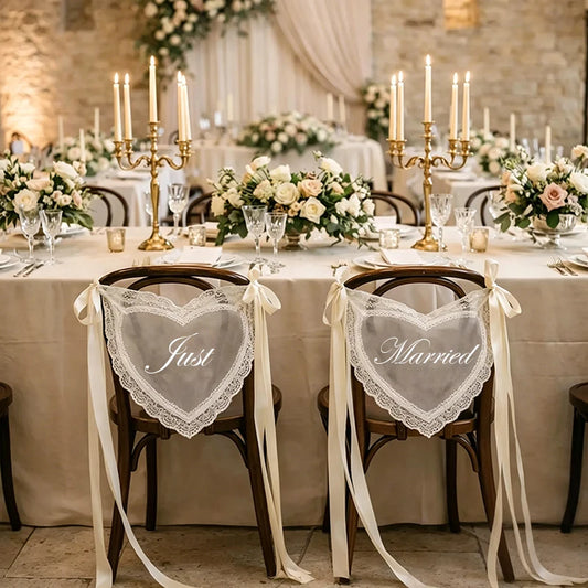Just Married Heart Lace Chair Sign | Bride & Groom Wedding Decor Wedding Chair Decoration Peaceful Pleasures Health and Wellness