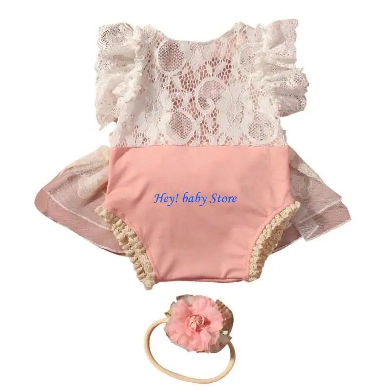 Lace Ruffled Baby Romper Dress & Headband | Newborn Photo Outfit